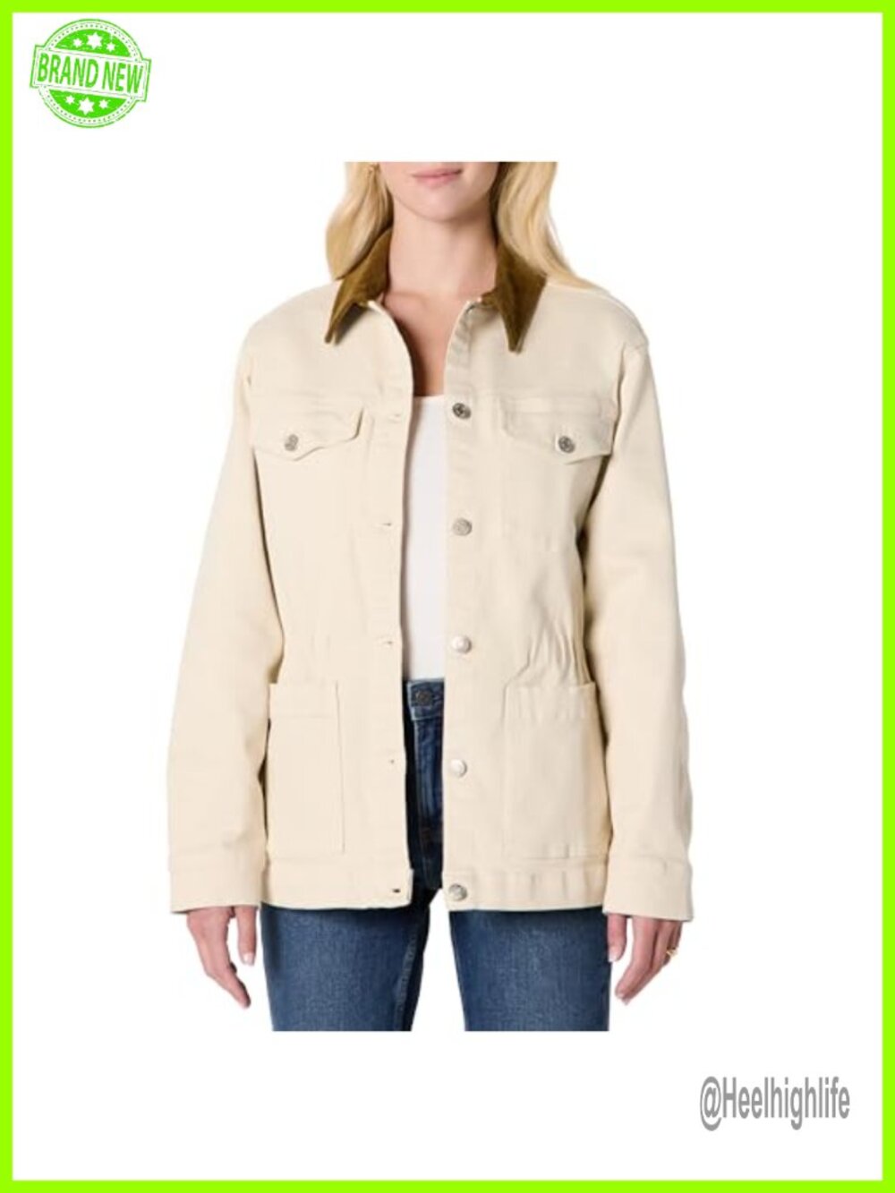 Women's Denim Barn Jacket with Corduroy Collar, Cinched Waist, Chest Pockets